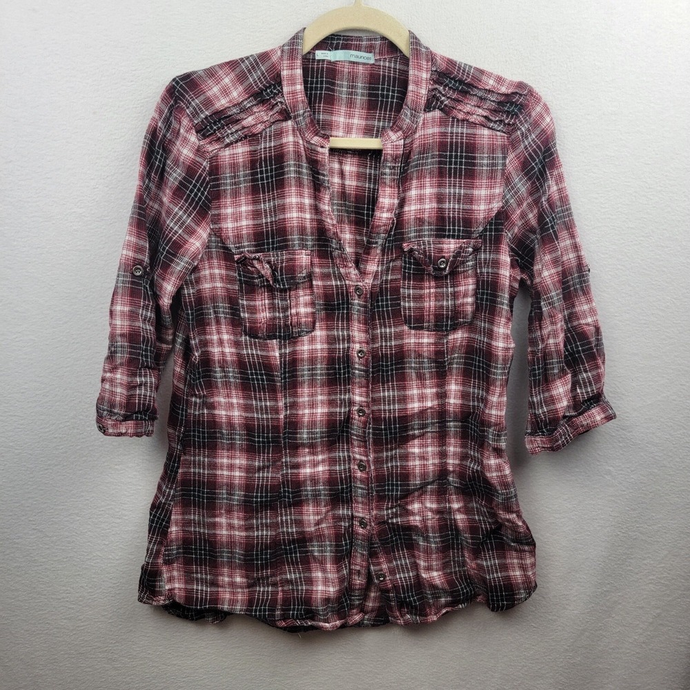 Maurices Shirt Women L Deep Red Burgundy Plaid Long Sleeve Button Up